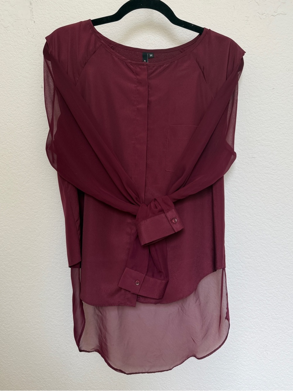 Women's Burgundy Tie-Front Sheer Long-Sleeve Blouse